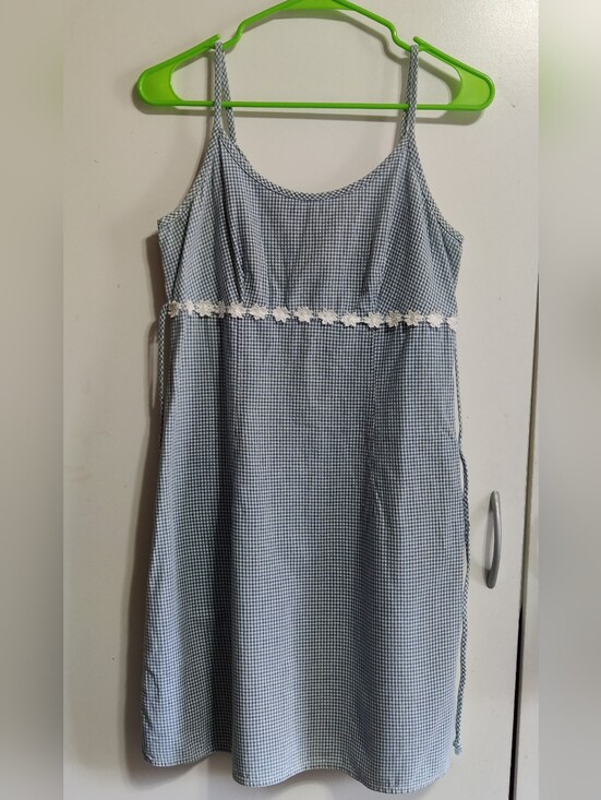 Decked Out Dresses & Skirts - Blue Gingham Spaghetti Strap Sundress with Lace Trim